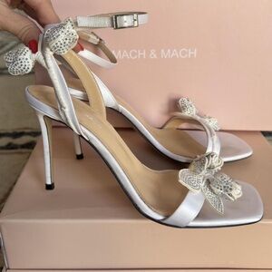 MACH & MACH Ivory Satin Heels with Sparkling Bow